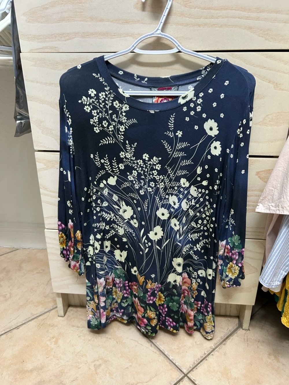 Johnny Was Navy Floral Border Long Sleeve Top